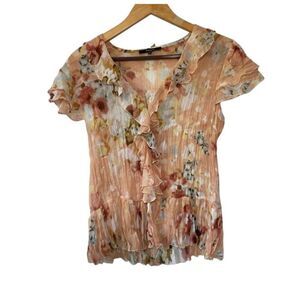 Y2K Belissimo Floral Peach Coral Ruffle Blouse V-Neck Short Sleeve Size M